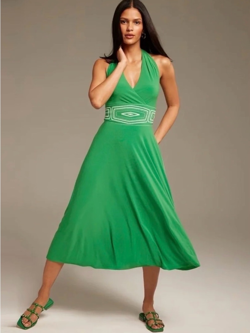 White House Black Market Green Halter Midi Dress Embroidered Waist NWT Size 12